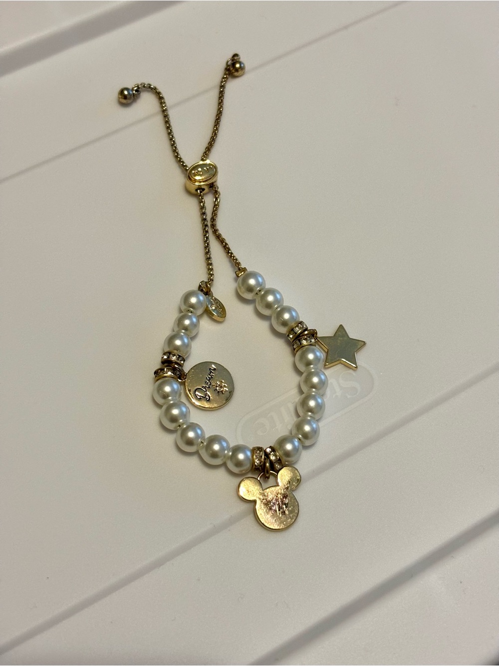 ✨Disney by La Cn Gold and Pearl Mickey Charm Adjustable Bracelet.